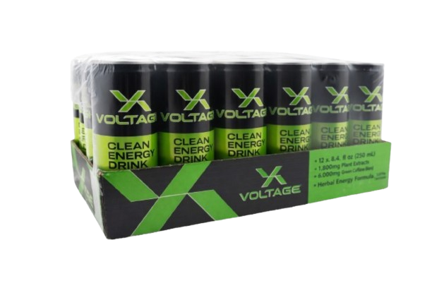 Box of Voltage energy drinks with green and black packaging.