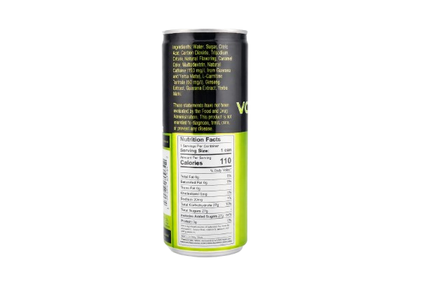 Nutrition label on a green and black can against a white background